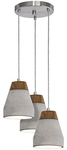 EGLO Pendellampe Tarega, 3 flammige Beton Hängeleuchte, Material: Stahl | Holz, Beton, Farbe: Grau, braun, Fassung: E27, Ø: 250 mm