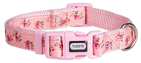 YUDOTE Verstellbares Rosa Nylon-Hundehalsband Klein mit Blume Gemustertem Band für Aktive Hündin Nackengröße 25-38cm