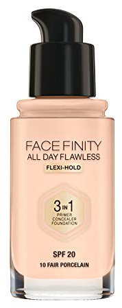 Max Factor Facefinity All Day Flawless 3 in 1 Foundation in 10 Fair Porcelain- Primer, Concealer & Foundation in einem - Für ein perfekt mattiertes Finish, 30 ml