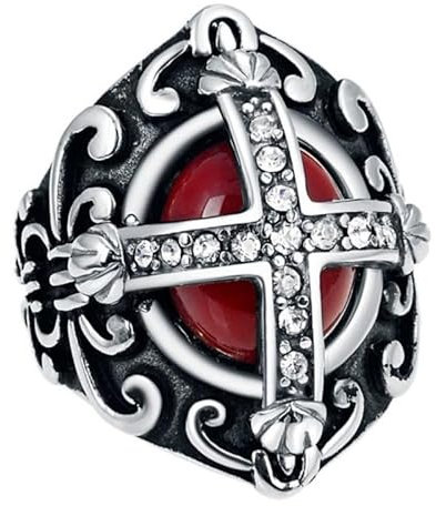 BOBIJOO Jewelry - Imposante Bague Chevalière Homme Rouge Roi Royaliste Faux Diamants Fleur de Lys Acier 316L - 60 (9 US)