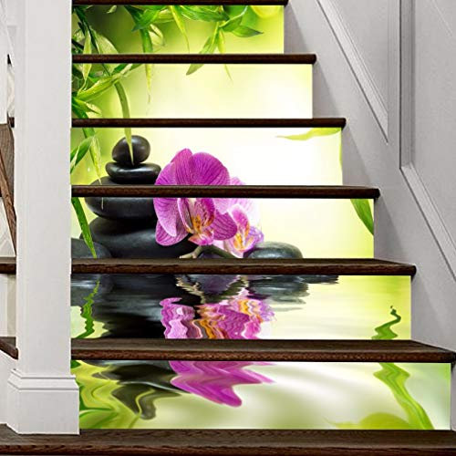 A.Monamour Autocollants d'escalier Auto-adhésifs 3D Orchidée Fleurs Pierres Lac Zen Vinyle Imperméable Sticker Contremarche d'escalier Sticker Carrelage Sticker Mural Autocollant Mural Art Décor DIY