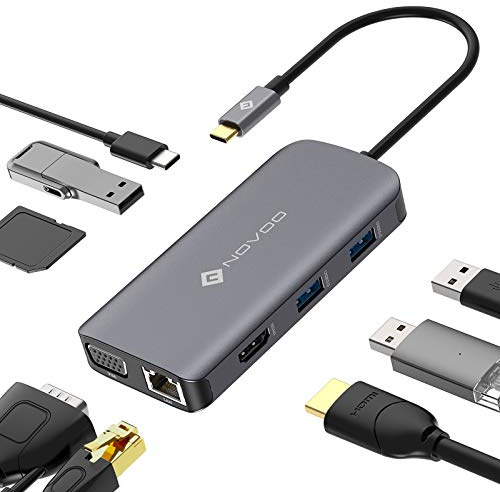 NOVOO 9 in1 USB Hub Multiport Adapter, USB Hub 3.0 with Ethernet, USB C to 4K HDMI & VGA, 3 USB 3.0 Ports, SD/TF Card Reader, 100W PD Power Port, Slim Data Hub for MacBook Pro, Air, XPS, Chromebook