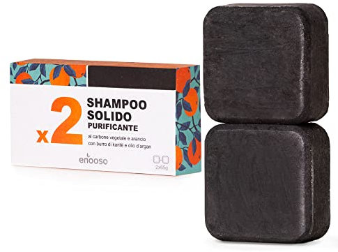 Enooso - Festes Shampoo für Fettiges Haar - Bio Duschgel Ohne Seife Stück mit pflanzliche Kohle, Arganöl und Sheabutter - 100% Vegan & Plastikfrei - 130gr