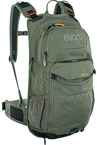 EVOC STAGE 12 technischer Fahrradrucksack, Backpack für Outdoor-Aktivitäten (AIR FLOW CONTACT System, verstellbare Schultergurte, Trinkrucksack mit Werkzeugfach, Trinkblasenfach), Dunkeloliv