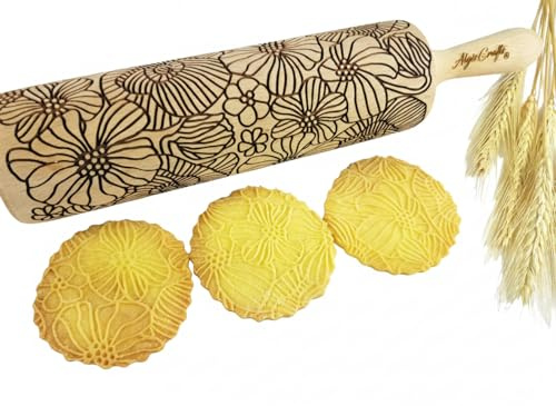 MOHNBLUME Geprägte Nudelholz mit Muster für Teig & Plätzchen, Kuchen & Gebäck. Teigroller mit Große Blüte Blumen von Algis Crafts