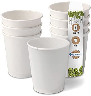 BIOZOYG 100 Stück Kaffeebecher isolierte Pappbecher 200ml / 8 oz Ø 80 mm weiß - doppelwandig plastikfrei nachhaltige Materialien - Einwegbecher Glühweinbecher