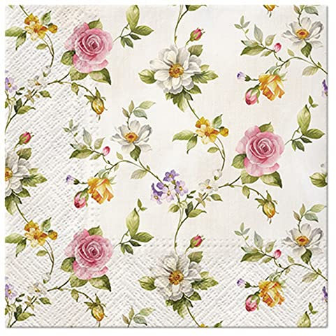 Serviette Blumen 20 servilletas con diseño de 33 x 33 cm, 3 capas, color rosa pastel, verde pastel, rojo pastel, decoración de mesa, rosas, cadenas, hojas, flores, flores, vintage, primavera y verano