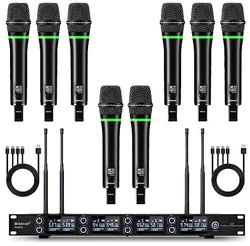 Bietrun 8-Channel Wireless Microphone System with 8 Rechargeable Mics Wireless, UHF 295ft Range, Professional Metal Cordless Dynamic Vocals Mics for Adults,Karaoke Party,Singing,Church,(Auto Connect)