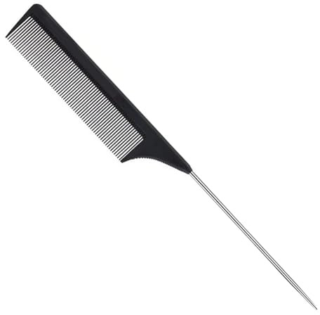 1 Pack Stainless Steel Rat Tail Comb for Parting Hair, Pintail Hair Parting Comb with Metal Pick on End, Black Anti Static Carbon Fiber Fine Tooth Teasing Brush for Men and Women
