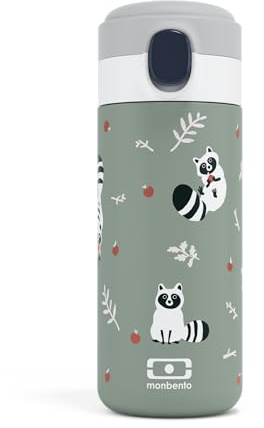 MONBENTO - Gourde Isotherme enfant MB Pop Raccoon - Raton Laveur - 360ml - Chaud/Froid jusqu'à 12h - Petite Gourde Hermétique Enfant Ecole/Parc et/ou pour Adulte à Glisser dans un Sac à Main - Vert