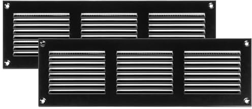 Vent Systems 30 x 10 cm - Packung mit 2 Lüftungsschlitz-Abdeckungen – Schwarz – Metall-Luftrücklaufgitter mit eingebautem Schädlingsschutz-Bildschirm