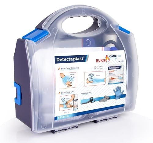 Detectaplast Cassetta pronto soccor con compresse per ustioni, brucia e ferite, guanti, forbici, compresse sterili idrogel e unguento antincendio per ustioni - Kit pronto soccorso