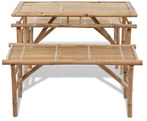 Yolola Biergartengarnitur Gartenmöbel Bambus Biertisch mit 2 Bänken 100 cm Bambus Bierzeltgarnitur