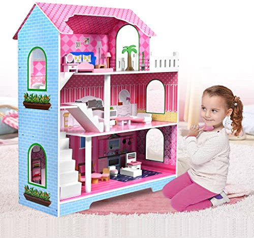 ACXIN Puppenhaus Holz Dollhouse Barbie Haus Große Spielset DIY Playmobil Puppenvilla Mit Möbel Und Zubehör, Spielzeug Für Mädchen Und Jungen