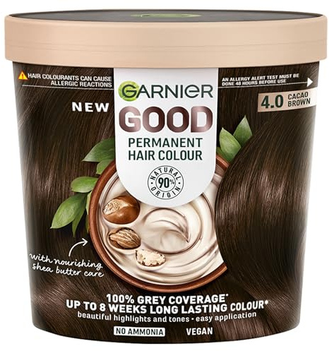 Garnier GOOD Permanent Hair Dye, 4.0 Cacao Brown. Achieve 100% grey coverage and 8-week colour. No ammonia, vegan shea butter formula offers rich, natural tones for all hair types.