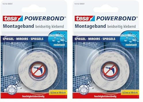 tesa Powerbond MIRROR - Doppelseitiges Montageband zur Fixierung von Spiegeln - Feuchtigkeitsbeständiges Klebeband für Bad und Dusche - 1,5 m x 19 mm (Packung mit 2)
