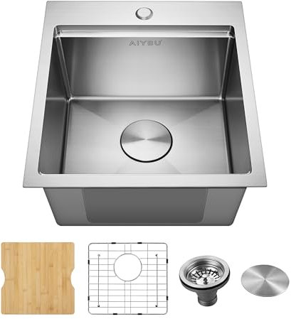 AIYBU Lavello da cucina da 43 cm, Lavabo Sottopiano, Stazione di lavoro da 48 x 43 cm, con montaggio superiore, 16 gauge, in acciaio inox, 22,9 cm, profondo, fatto a mano, con tagliere e filtro