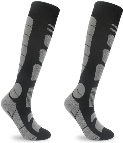 2 Pairs Thermal Ski Socks in Merino Wool Knee High Long Hose Walking Hiking Socks for Women Thick Terry Cushion Outdoor Wicking Warm Athletic Socks Size 4-7