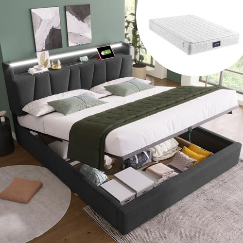 Polsterbett mit USB Ladefunktion und LED Stauraum Kopfteil, Stauraumbett Hydraulisch Doppelbett 140x200cm, Lattenrost aus Holz, Bett mit Lattenrost aus Metallrahmen, Leinen Grau (140x200cm + Matratze)
