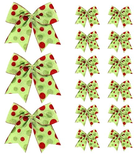 AWAVM Christmas Red Green Bows Decorations 15 Pcs Large Dot Bows Tie Bows Christmas Wreaths Ornaments Xmas Tree Topper Ornaments Xmas Decor Santa Gift Accessories Decorative 5.9in