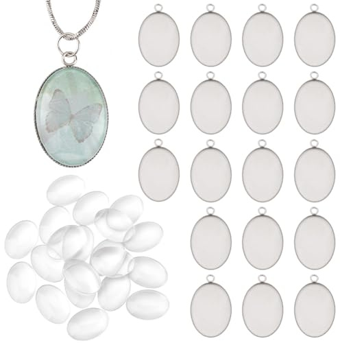 PH PandaHall 20 ovale Foto Charms Anhänger Leere Tabletts Lünette 20 Stück Transparenter Glas Cabochon DIY Blanko Anhänger Tablett Set für Bouquet Hochzeit Graduierung Charme Schmuck machen