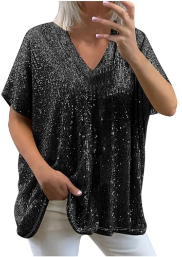 Trendige Pailletten Oberteile für Damen Oversize Lockerer Pullover Sexy V-Ausschnitt T-Shirt Einfarbiges Pulli-Shirt mit kurzen Ärmeln Lose Tunika Bluse Longshirt Lang Pullover Übergröße Longtops