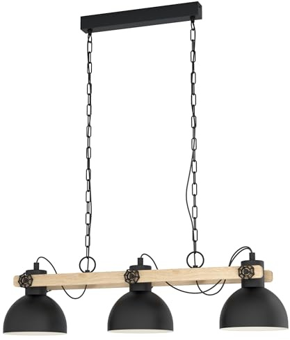 EGLO Pendellampe Lubenham 3 flammige Vintage Pendelleuchte | im Industrial Design, Retro Hängelampe aus Stahl und Holz, Farbe Schwarz, braun, Fassung E27, FSC zertifiziert