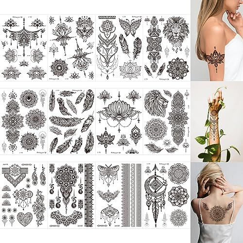 Octonyluck Tattoos TemporäRe, Tattoos Erwachsene und Kind, Festival Tattoo zum Aufkleben, Flash Tattoo für Festival ZubehöR und Party, Schwarz, 12 Sheets, 200+ Designs