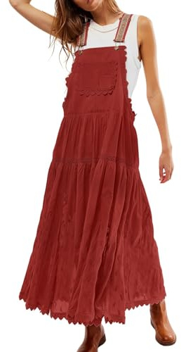 CHARTOU Women Bib Overall Dress Pinafore Embroidered Lace Maternity Straps Suspender Dress, Red, M