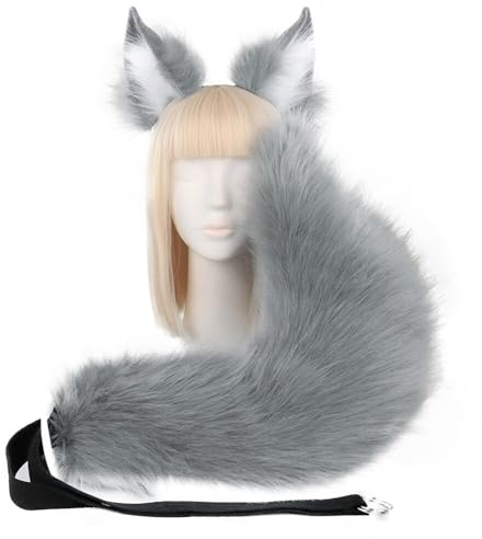 Asudaro Werwolf Katze Cosplay Kostüm Tier Katzenohr Niedlicher Fuchsschwanz und Ohren Dekorativ Großer Tierischer Schwanz Kostüm Spielzeug für Frauen Mädchen Halloween Kostüm grau und weiß