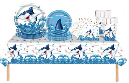 69 Pezzi Set Stoviglie per Feste di Compleanno,Oceano Piatti Tazze Asciugamani di Carta Tovaglia Plastica Stoviglie Monouso Biodegradabili,Decorazione Desktop per Feste di Compleanno,Picnic