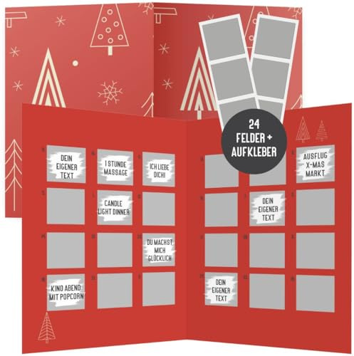 DIY Adventskalender zum Rubbeln Rot | Überraschungs-Adventskalender A3 zum Selbstgestalten | Weihnachtskalender Aktivitäten | Rubbel Kalender für Mann und Frau (Winter Rot)