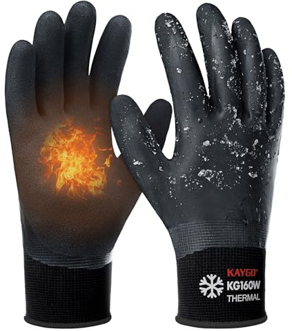 KAYGO guantes impermeables y cálidos, revestimiento térmico, recubrimiento de látex de doble, para refrigeradores para almacenar palas de jardinería de invierno, KG160W (Negro, S, talla 7, 1 par)
