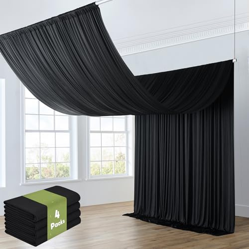 4 Panels 5x20ft Black Ceiling Drapes for Wedding Parties, Wrinkle Free Thick Polyester 20ft Extra Long Draping Black Ceiling Curtains Arch Drapery for Birthday Party Canopy Tent Decor