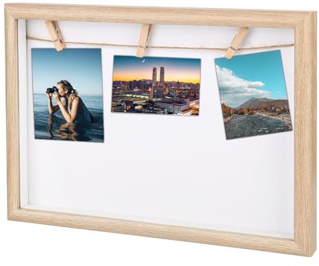 XCRPRT DIY Holz Fotocollage Rahmen, Wandbilderrahmen mit Fotoleine & Holzklammern, Querformat Bilderrahmen, Fotorahmen Collage für Zuhause, Küche, Büro, Dekoratives Aufhängen, 21x30cm
