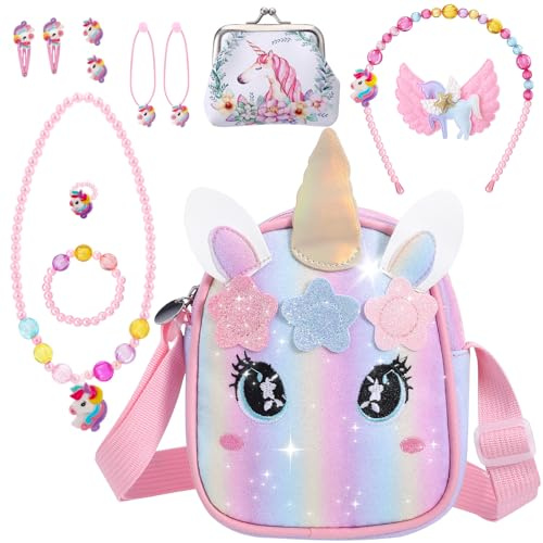 Halinuia Unicorno Bambina Regalo Set con Borsetta Bambina,Portamonete,Princess Braccialetto Collana e Forcina Unicorno Compleanno Regalo Bambina 3-10 Anni