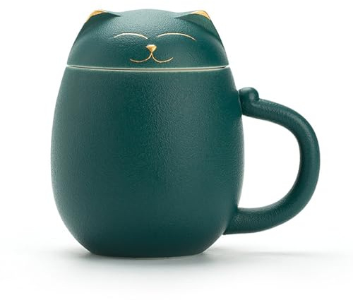 Fashion & Lifestyle Ceramic Tea Mug with Infuser and Lid, Cute Cat Tea Cup with Filter for Steeping Loose Leaf, Chinese Handmade Porcelain Teacup for Home Office (Green)