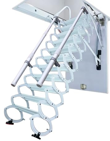 Ceiling Mount Attic Ladder, Retractable Attic Ladder Ceiling Pull Down System, 12 Steps Folding Loft Step with Armrests, Hidden Mount Attic Extension Stairs for Garage(White, Step 12)