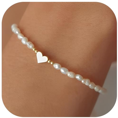 ZEPIQOR pulsera de perlas de agua dulce, 14k chapado en oro collar, pulsera de perlas en forma de corazón, las mujeres pulsera de la amistad, ajustable cultivadas pulsera de perlas(16cm + 5cm)