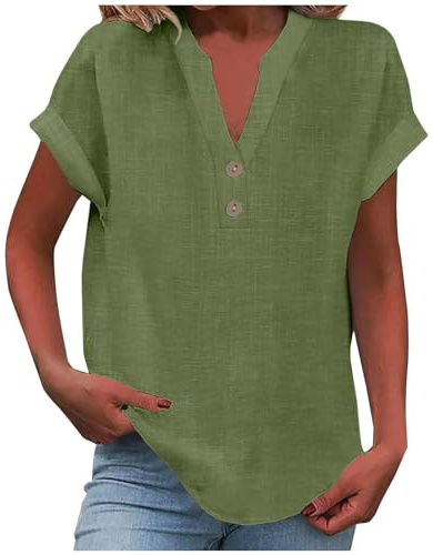 Camisa Mujer Lino Algodón Manga Corta Camiseta Blusa Polo Ligero Verano Moda Casual Color Sólido Cómodo Suelto Cuello en V Botones Tops Elegante Basic tee Talla Grande Transpirable 2025