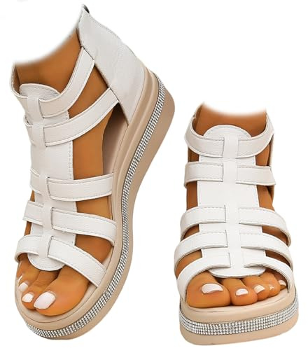 Whimsyard Sandales compensées avec ornements en strass,sandales compensées orthopédiques à plateforme pour femmes avec soutien de la voûte plantaire,sandales compensées décontractées (Blanc,38)