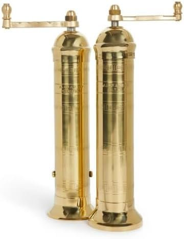 The European Authentic Greek Brass 2-Piece Pepper 7.5 & Salt 8 Grinder Mill Set - Exquisite Gold Vintage Design, Adjustable Grind, Elegant Kitchen Gift Shaker