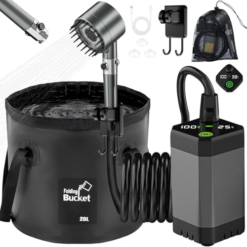 Portable Shower for Camping 6000mAh Rechargeable Shower Pump with Intelligent LED Display & 20L Foldable Bucket 4 Spray Modes Outdoor Shower Head IPX7 Waterproof for Hiking, Travel, Car, Pet, Beach