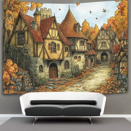 kaiyun Mittelalterliches Dorf Tapisserie Herbst-Retro-Stil Wandteppich Wandbehang Für Schlafzimmer Wohnzimmer Schlafsaal 180cmx230cm