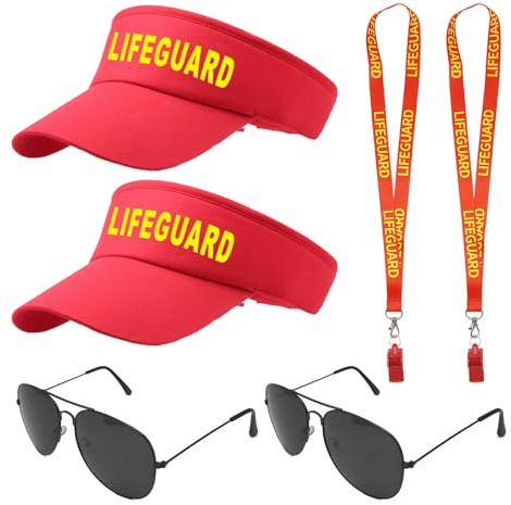 TUONYIS 6 Pcs Lifeguard Costume Set, Life Guard Costume Accessories, Include Red Adjustable Sunscreen Hats, Lifeguard Whistle, Sunglasses, for Men Women Pool Party, Beach, Cosplay Halloween