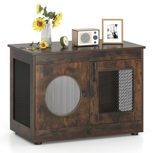 COSTWAY Mobile Lettiera per Gatti 82 x 47 x 60 cm, Casetta in Legno per Animali con Rete Traspirante in Metallo Robusto e Anta, Gabbia Multiuso per Gatti da Interno
