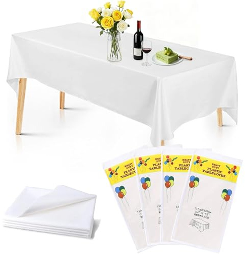 lisetar Tischdecke Weiß, Rechteckige Weiß Tischdecke, Wasserdicht Geburtstag Tischdecken für Hochzeit, Rechteckig Tischtuch für Gastronomie, Feste, Party, Hochzeiten oder Haushalt 4 Stück
