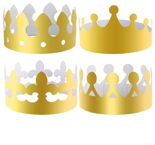 YJDOORPLAY Goldene Papierkrone, Partyhüte, Kollektion mit 4 verstellbaren Größen, festliche Kopfbedeckung für Erwachsene und Kinder, wiederverwendbar, glänzend, Krönung, Feier, Kostüm, Zubehör für