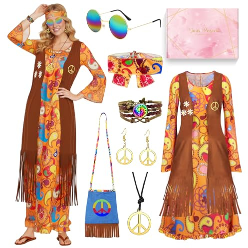 TOSZOLY Vestito Hippie Donna, Costume Hippie Arancione e Accessori, Vestiti Anni 70, Gilet con Frange e Abito Lungo Anni 70 60, per Feste Carnevale Halloween e Cosplay di Natale (M)