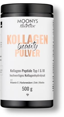 MOONYS® Kollagen Beauty Pulver 500g – Mit Vitamin C, Hyaluronsäure, Biotin und Zink – Bioaktive Kollagen Peptide 1 & 3 – geschmacksneutral – gute Löslichkeit